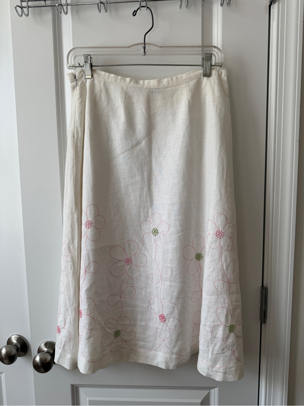 Cream A-Line Skirt with Pink & Green Floral Embroidery